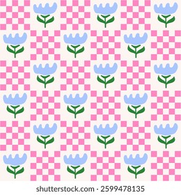 Cute geometric seamless pattern with hand drawn flowers and squares on a beige background. Simple groovy modern design. Blue, green and pink colors. Vector illustration