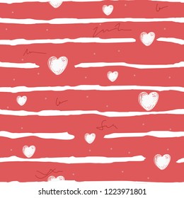 Cute geometric seamless pattern with hearts and horizontal lines. Template for design of postcards, covers, children's clothes, bed linen. Printing on fabric, wallpaper, girlish. white, red colour