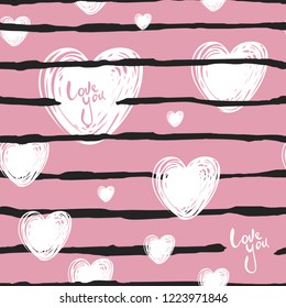 Cute geometric seamless pattern with hearts and horizontal lines. Template for design of postcards, covers, children's clothes, bed linen. white, pink, black colour. inscription love you. Vector