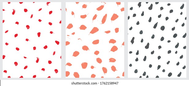 Cute Geometric Seamless Vector Patterns. Pastel Blue and Red Free Hand Spatters Isolated on a White Background. Simple Abstract Vector Prints. Watercolor Style Brush Spots. Scribbles Backdrop.