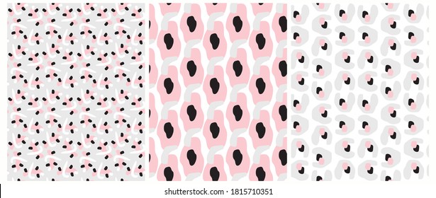 Cute Geometric Seamless Vector Patterns. Pink, White, Black and Gray Hand Drawn Elements on a Light Gray and White Background. Lovely Infantile Irregular Doodle Print.