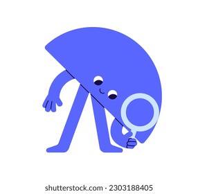 Cute geometric shape searchin, finding ideas. Funny geometry character looking through magnifying glass. Research, analysis concept. Childish flat vector illustration isolated on white background