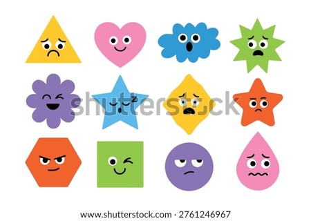 Cute geometric shapes and abstract characters with diverse emotions set. Perfect for mental health trackers, education for kids, emoji sets, mobile app UI, and social media storytelling.