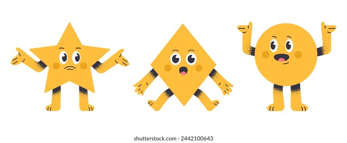 Cute geometric shapes. Comic rhombus, star and circle characters, geometric figures with funny faces flat vector illustration set. Funny mascots with different emotions