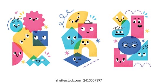 Cute geometric shapes compositions. Cartoon funny characters with pretty faces, various combinations, color figures pyramids, vector set.eps
