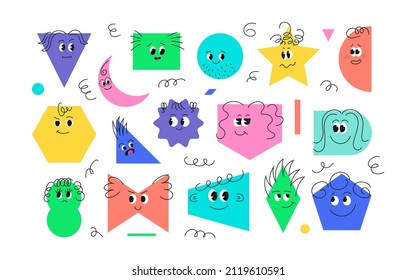 Cute geometric shapes with face emotions. Funny colorful basic figure characters with eyes and smiles. Basic preschool geometry stickers. Retrowave cartoon polygon elements, vector illustration.