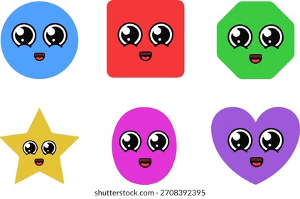 Conjunto de caras de Formas geométricas lindas, Ilustración vectorial educativa juguetona.