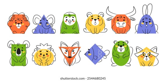 Cute geometric shapes and figures with funny animals faces and paw body parts isolated set