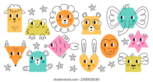 Cute geometric shapes in form of funny hand drawn animals figures set. Comic geometry art design elements for education in childish style vector illustration. Simple graphic symbols collection