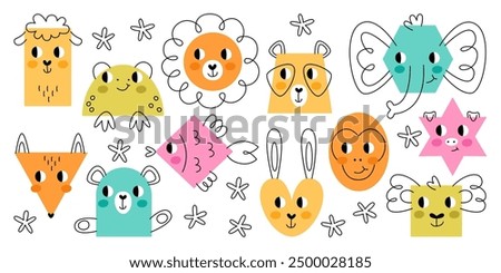Cute geometric shapes in form of funny hand drawn animals figures set. Comic geometry art design elements for education in childish style vector illustration. Simple graphic symbols collection
