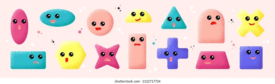 Cute geometric shapes. Funny character with eyes, round square and polygon forms. Colorful figure, star with face. For kindergarten children swanky vector kit