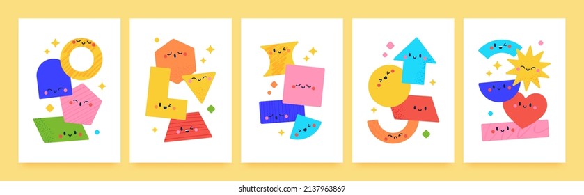 Cute geometric shapes posters for kids, colorful basic geometry figures characters. Smiling circle and triangle character with funny faces, preschool education poster for children vector set