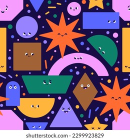 Cute geometric shapes, seamless pattern. Cute funny faces, emotions of geometry figures characters. Childish repeating print, endless background for fabric. Colored flat graphic vector illustration