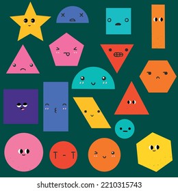 Cute Geometric Shapes, Set Of Geometric Shapes With Face Emotions. Cute Comic Characters In Funny Cartoon Kids Style.