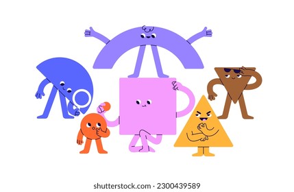 Cute geometric shapes team. Geometry figures with faces. Funny childish characters, humanoid elements. Abstract society community concept. Flat graphic vector illustration isolated on white background