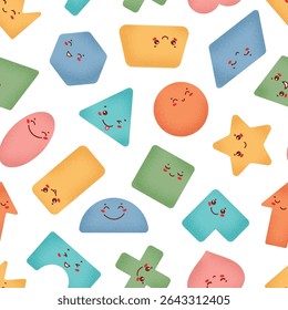 Lindas formas geométricas vetor sem emenda padrão colorido. Baby Background com Variedade Personagens Kawaii Felizes. Diversão Design Educacional para Pré-escola, Voltar à escola, Crianças Aprendizagem