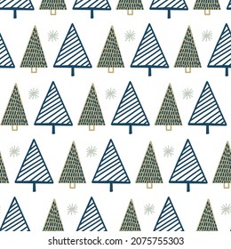 Cute geometric simple winter seamless pattern background with Christmas tree doodles and snowflake in childish hand drawn style