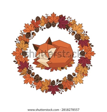 A cute geometric sleeping fox surrounded by a colorful autumn leaf wreath on white background.