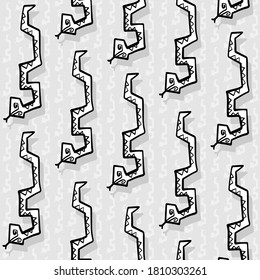 Monstruos de serpientes geométricos de corte vectorial doodle niños negros y blancos sin fisuras en fondo de textura gris claro.