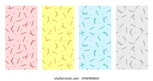 Cute geometric sticks seamless square pattern. Trend glamour repeatable pattern background set.  For web designs, fabrics, towels, paper, wrapping. Trendy Memphis vector french fries sticks pattern