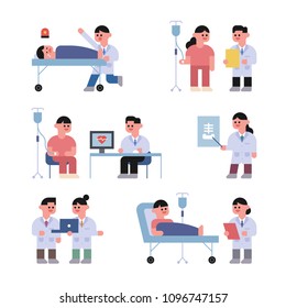 cute geometric style doctor and patient characters flat design style vector illustration set