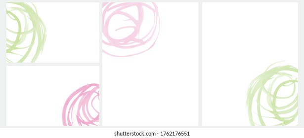 Cute Geometric Vector Layouts. Pastel Pink and Green Free Hand Lines Isolated on a White Background. Simple Abstract Vector Prints Ideal for Layout, Cover. Watercolor Style Swirls. Pink and Green Ink.