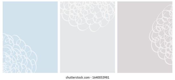 Cute Geometric Vector Layouts. White Free Hand Lines with Loops Isolated on a Light Blue and Gray Background. Simple Abstract Vector Prints Ideal for Layout, Cover. No Text Prints.
