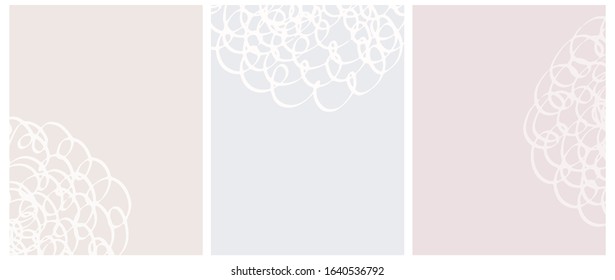Cute Geometric Vector Layouts. White Free Hand Lines with Loops Isolated on a Light Pink, Beige and Gray Background. Simple Abstract Vector Prints Ideal for Layout, Cover. No Text Prints.