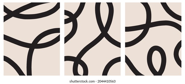 Cute Geometric Vector Print and Layouts. Black Freehand Lines Isolated on a Light Beige Background. Simple Abstract Vector Prints Ideal for Layout, Cover, Decoration. Minimalist Art.