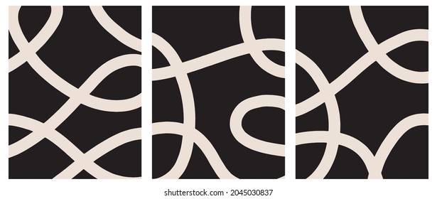 Cute Geometric Vector Print and Layouts. Light Beige Freehand Lines Isolated on a Black Background. Simple Abstract Vector Prints Ideal for Layout, Cover, Decoration. Minimalist Art.