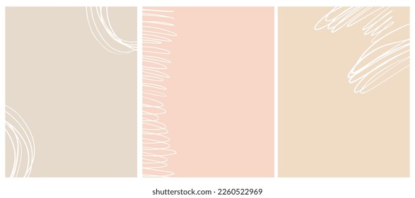 Cute Geometric Vector Print and Layouts. White Free Hand Lines Isolated on a Light Beige, Pastel Pink and Warm Gray Background. Simple Abstract Vector Prints Ideal for Layout, Cover, Blank. No text.