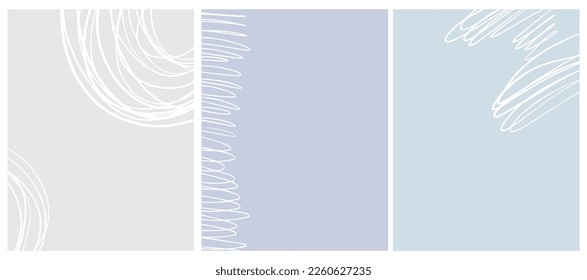 Cute Geometric Vector Print and Layouts. White Free Hand Lines Isolated on a Light Blue and Gray Background. Simple Abstract Vector Prints Ideal for Layout, Cover, Blank. No text.