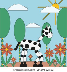 Cute Geometrical Cow in valley. Children hand drawing painting. Trendy Push and Shake Retro toy. Vector illustration can used child books cover, t-shirt print. EPS 10 Editable stroke