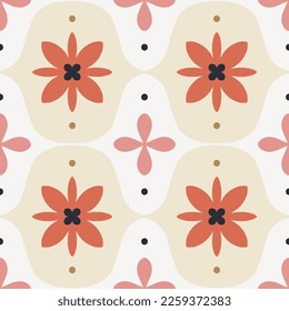 Reine geometrische Struktur mit abstrakten Formen und Blumen. Wiederholtes, nahtloses Vektormuster. Vintage-Keramikhintergrund