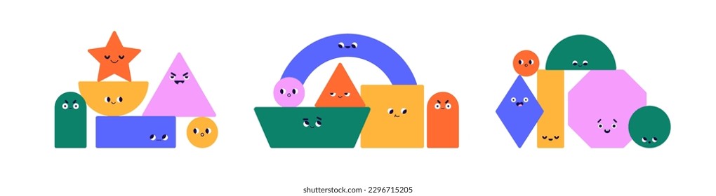 Cute geometry characters. Geometric shapes teams set. Funny figures groups compositions. Abstract creative squares, rectangles with faces. Flat graphic vector illustration isolated on white background