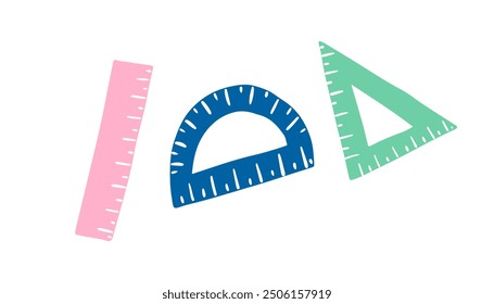 Lineal für süße Geometrie. Schule, Universitätsbedarf. Mathematische Ausrüstung. Lineal, Dreieck, Protrahierer, handgezeichnete Illustration. Nettes Icon-Set.