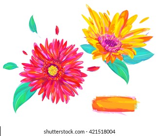 Cute  gerbera. Set of flowers isolated on white background. Retro design graphic element. This is illustration ideal for a mascot and tattoo or T-shirt graphic. Stock illustration