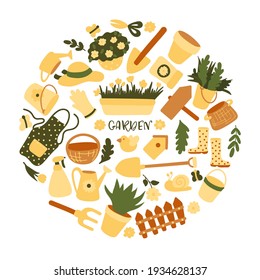 Cute Gerden Tools Set. Colección de iconos de granja aislados verdes y amarillos. Ilustración vectorial plana dibujada a mano en forma redonda. 