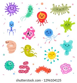 Cute germ, bacteria and viruses set. Characters smile wickedly. Cartoon microbes. Isolated vector illustration