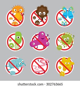 Cute Germ Characters Prohibition Sign, Bacteria, Virus, Microbe, Pathogen