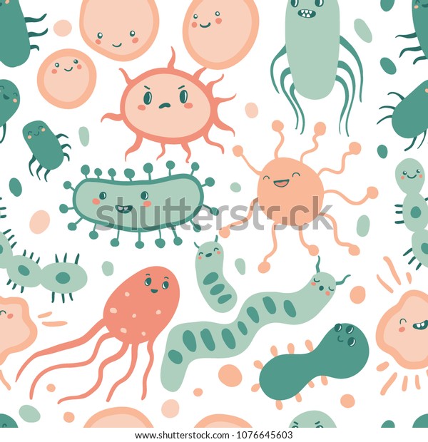 かわいい生殖のキャラクターのシームレスなパターン フラットなスタイルのバクテリア ウイルス 病原体の背景 良い微生物と悪い微生物 アートのベクターイラスト のベクター画像素材 ロイヤリティフリー