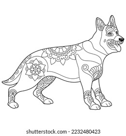 Cute german shepherd dog Adult coloring book page in mandala style