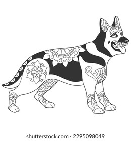 Cute german shepherd dog design. Animal coloring page with mandala and zentangle ornaments