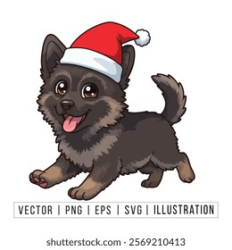 Cute German Shepherd Puppy in Santa Hat - Christmas Cartoon Vector Illustration