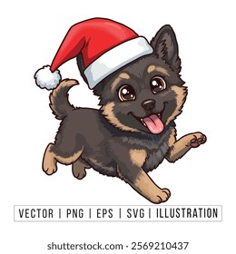 Cute German Shepherd Puppy in Santa Hat - Christmas Cartoon Vector Illustration