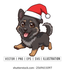 Cute German Shepherd Puppy in Santa Hat - Christmas Cartoon Vector Illustration