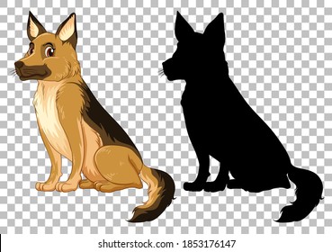 Cute german shepherd and its silhouette on transparent background illustration