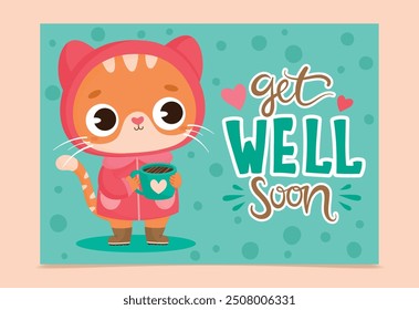 Cute Get Well Soon card with funny cat character