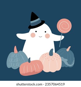 A cute ghost among the pumpkins is holding a candy. Template for postcard, print, banner, poster, textile. Vector illustration in flat modern style.