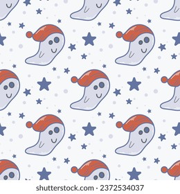 Cute ghost baby background. Seamless pattern with kid character and stars. Funny cozy child print for textile, digital paper, packaging, wallpaper and design, vector illustration